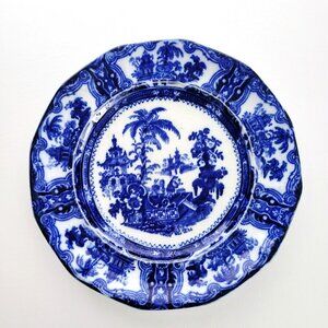 Antique Kyber Flow Blue Dinner Plate by W. Adams Co., Tree & Temple, c1879-1900s